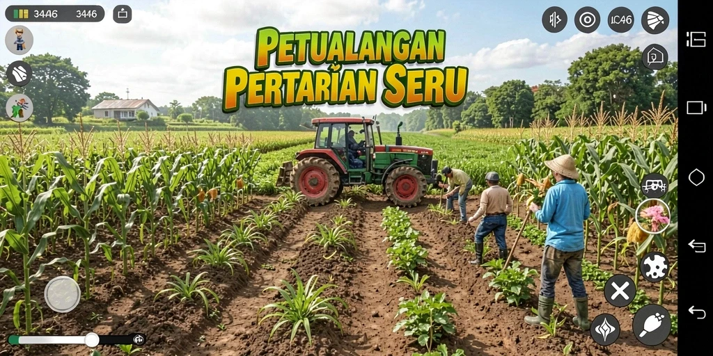 Tampilan gameplay seru dari 3446 dengan pertanian hijau subur.