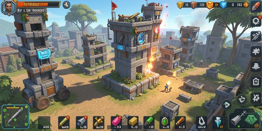 Tangkapan layar gameplay ADG62 yang menunjukkan serangan tower defense yang intens.
