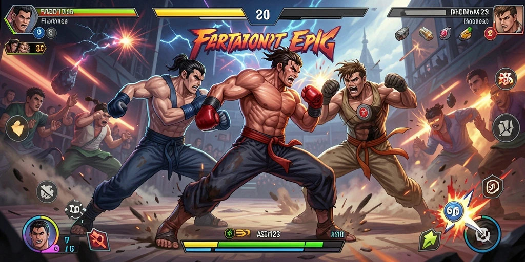 Tangkapan layar gameplay ASD123 menunjukkan pertarungan yang intens dan penuh strategi.