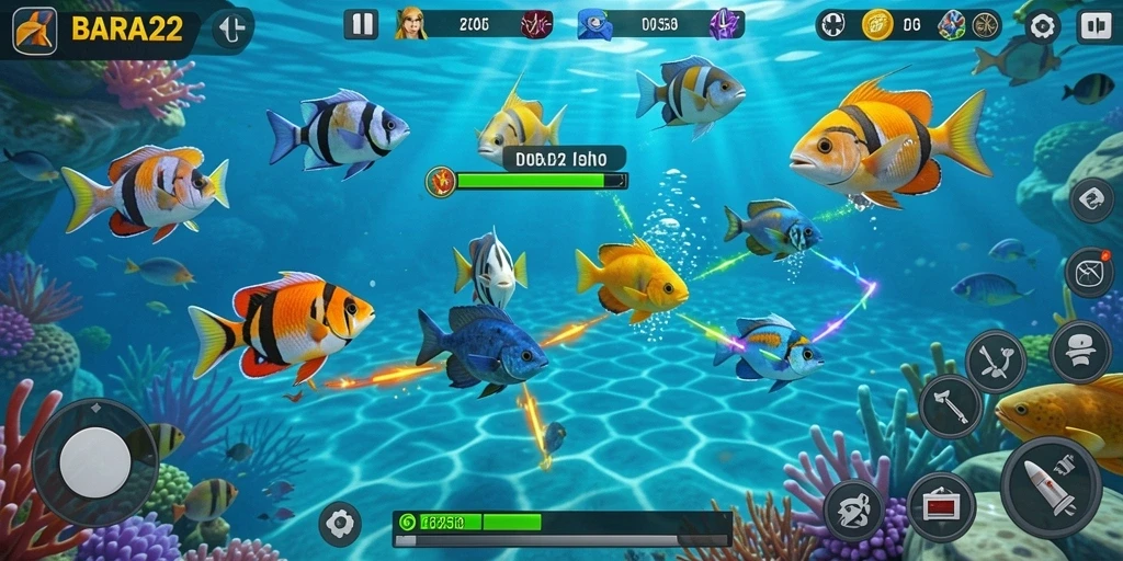Tampilan gameplay seru di BARA22 dengan aksi menembak ikan.