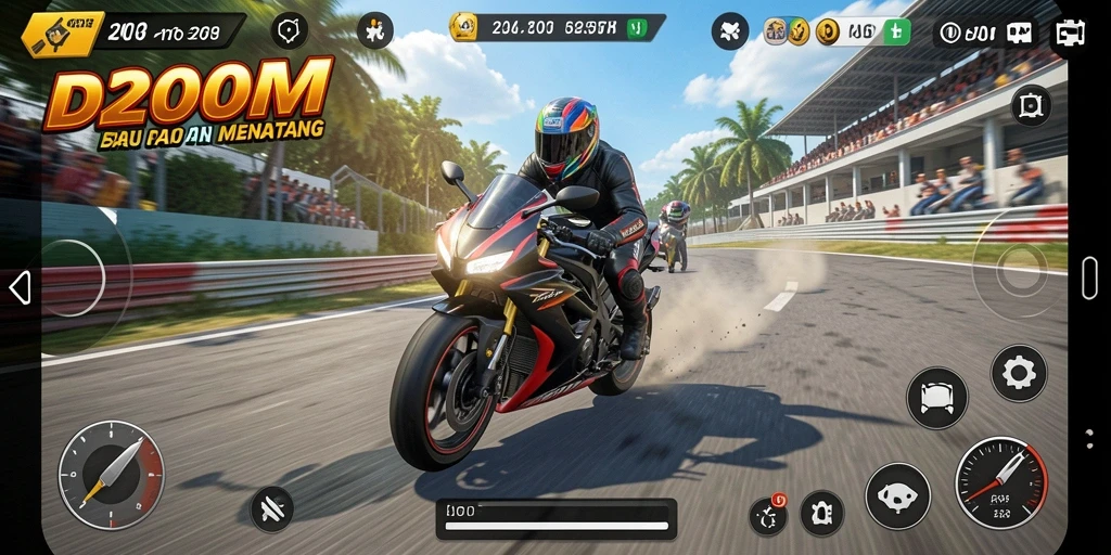 Screenshot D200M menampilkan balapan motor yang mendebarkan di trek yang menantang.