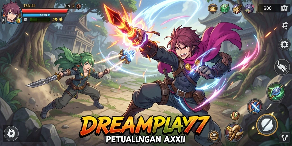 Screenshot gameplay <strong>DREAMPLAY77</strong> menunjukkan karakter anime yang beraksi di dunia yang penuh warna.