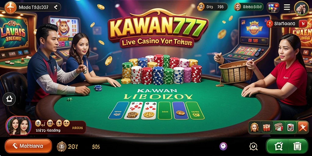 Screenshot menunjukkan dealer profesional dan antarmuka permainan yang menarik di KAWAN777.