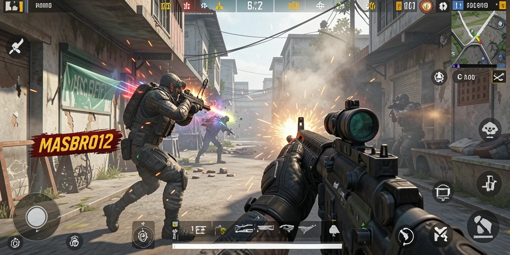 Gameplay MASBRO12 dengan aksi menembak yang intens.