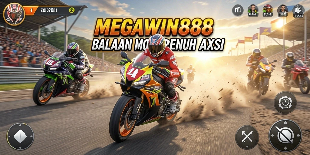 Gameplay seru MEGAWIN888 dengan aksi balapan motor mendebarkan.