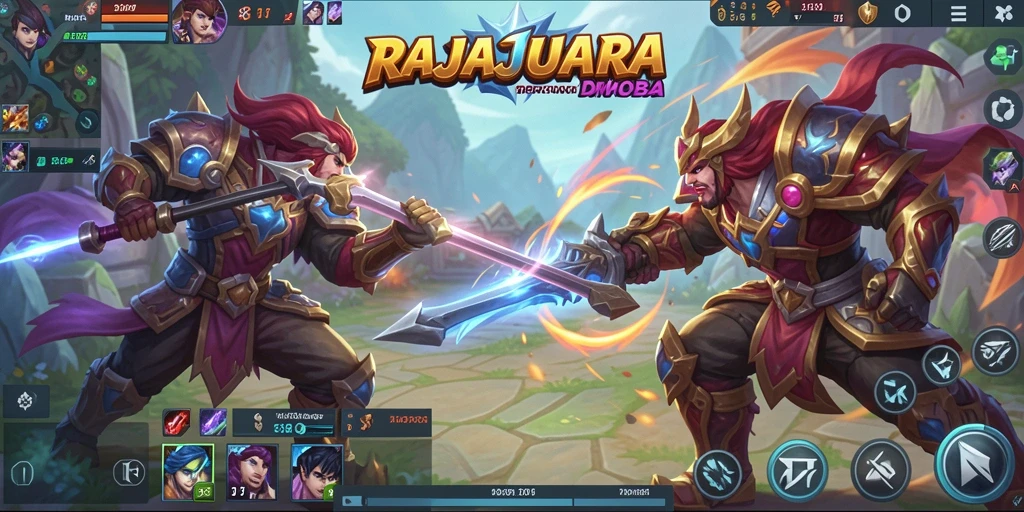Screenshot gameplay MOBA yang menampilkan aksi pertarungan di RAJAJUARA.