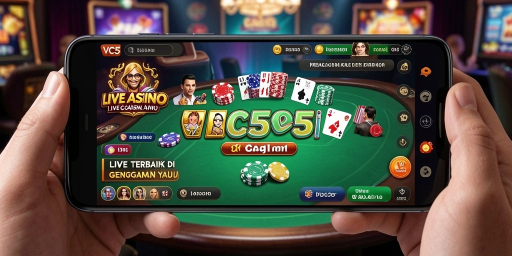 Screenshot VC5 menampilkan dealer langsung dalam permainan kasino yang mendebarkan.